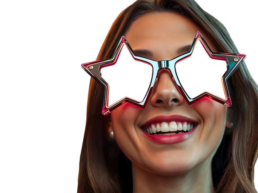 A smiling girl wearing star-shaped glasses