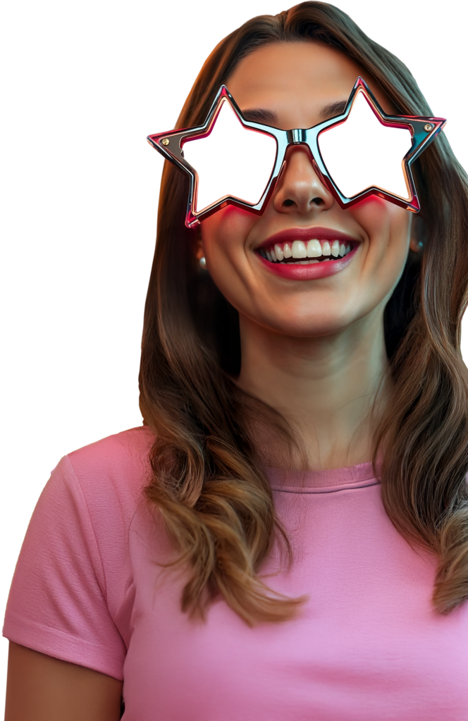 A girl wearing Planet Hollywood star glasses