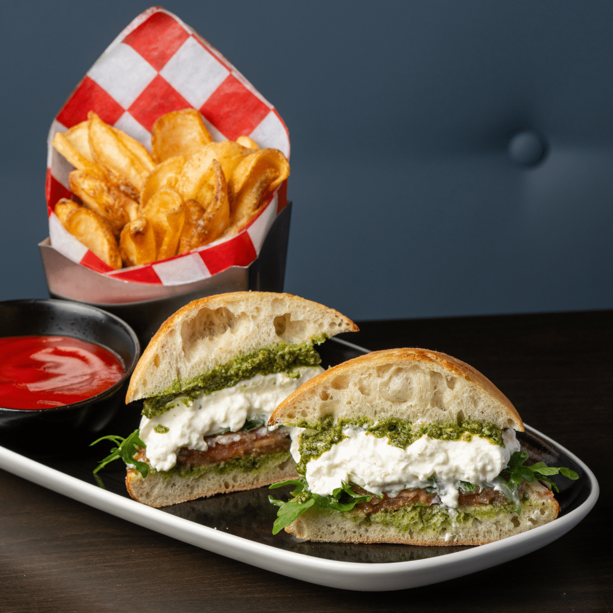 Burrata Caprese Sandwich with fries