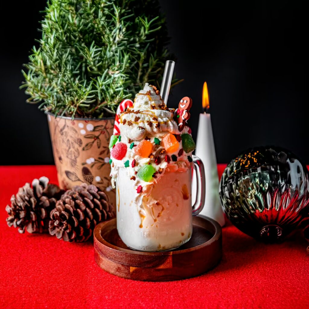 A Gingerbread Smash milkshake on a cozy table