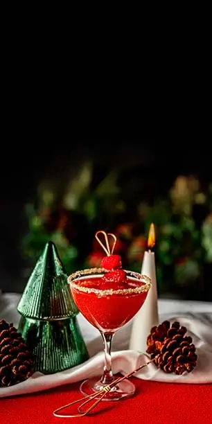 Raspberry holiday martini with sugared rim at Planet Hollywood NYC