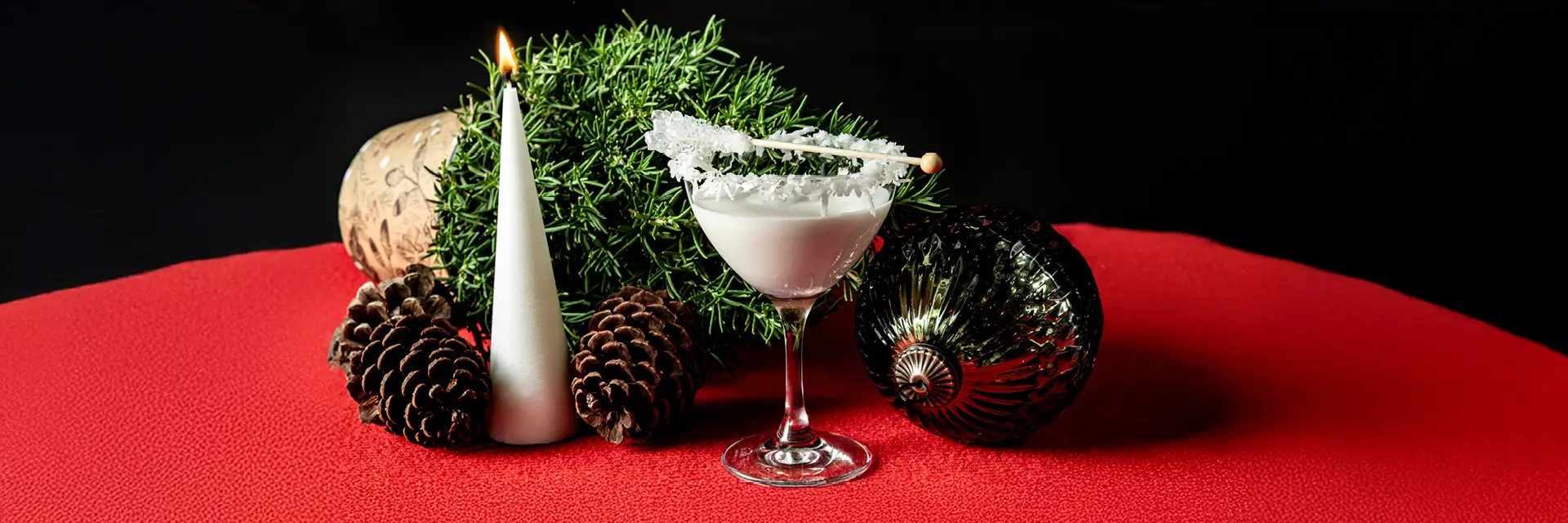 Coconut-rim white martini with winter garnish at Planet Hollywood NYC