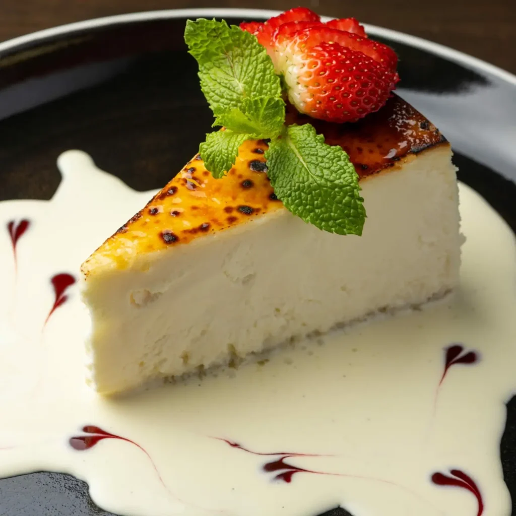A slice of cheesecake in a mascarpone crème anglaise, topped with a caramel drizzle