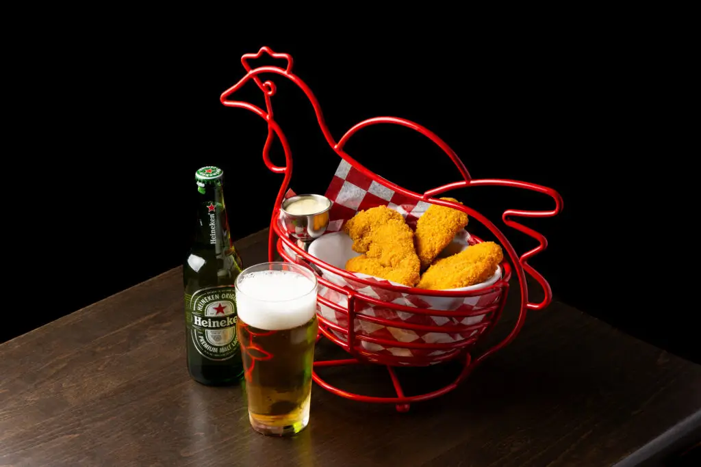 A chicken-shaped basket of the World Famous Chicken Crunch