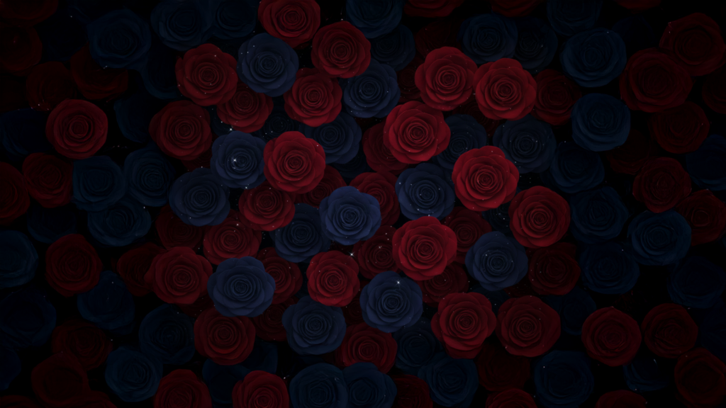 Romantic deep red and navy blue roses filling the frame with subtle stars and celestial light peaking through the petals.
