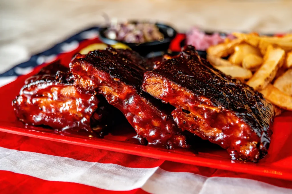 Hickory smoked BBQ ribs glazed with barbecue sauce and served with fries.
