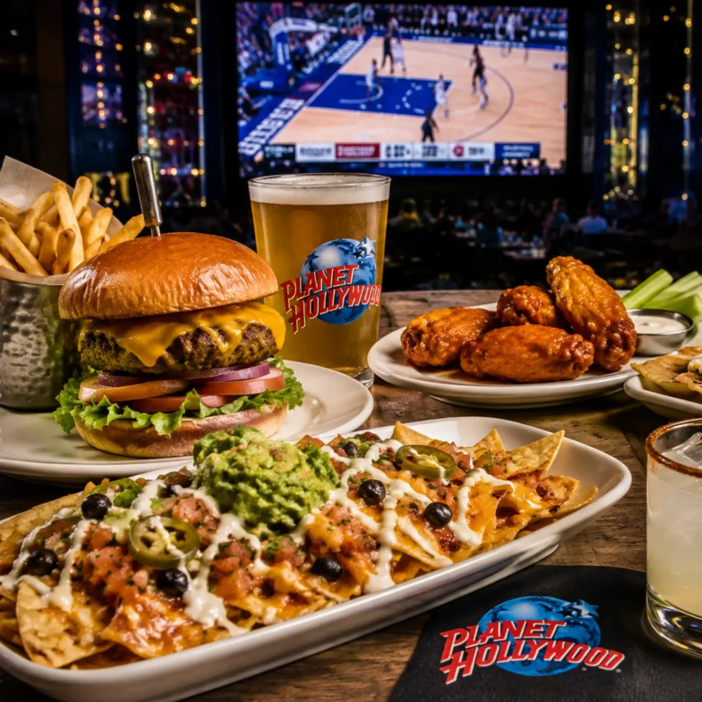 Planet Hollywood NYC table with burger, fries, nachos, wings, beer, and cocktail in front of a basketball game on TV.