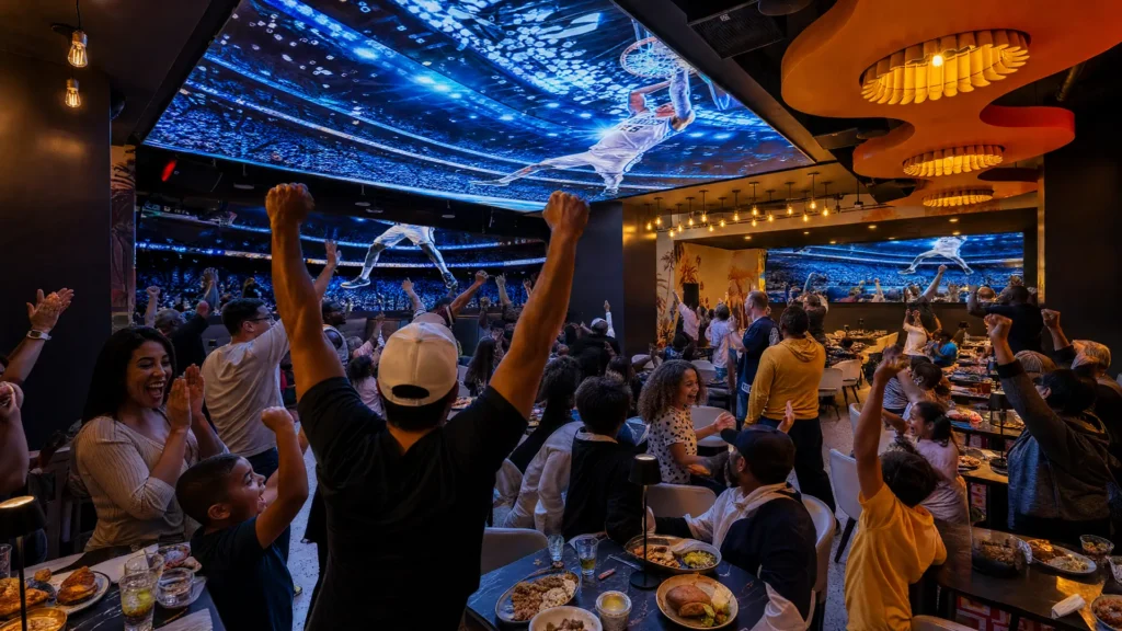 Basketball fans cheer inside Planet Hollywood NYC as a game-winning dunk plays across large ceiling and wall screens.
