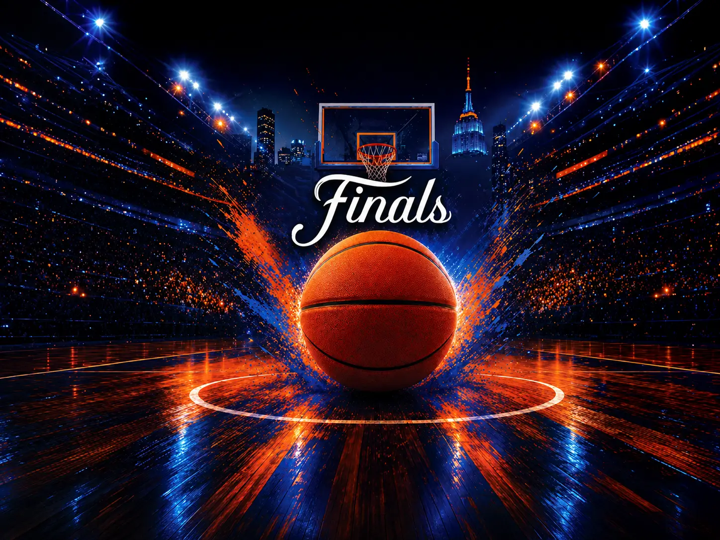 Dramatic basketball finals graphic featuring a glowing orange basketball on a glossy court, with blue and orange light bursts, a hoop, city skyline, stadium lights, and the word “Finals” in white script.