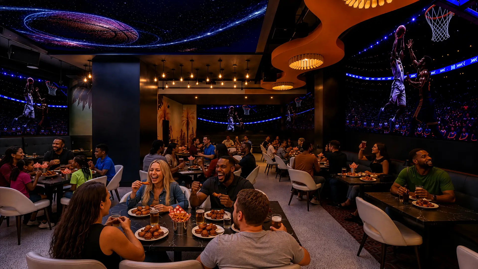 The Planet Hollywood dining room full of people enjoying food while watching basketball