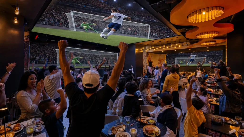 Crowd cheering inside Planet Hollywood NYC while watching a soccer match on massive wall-to-wall screens.