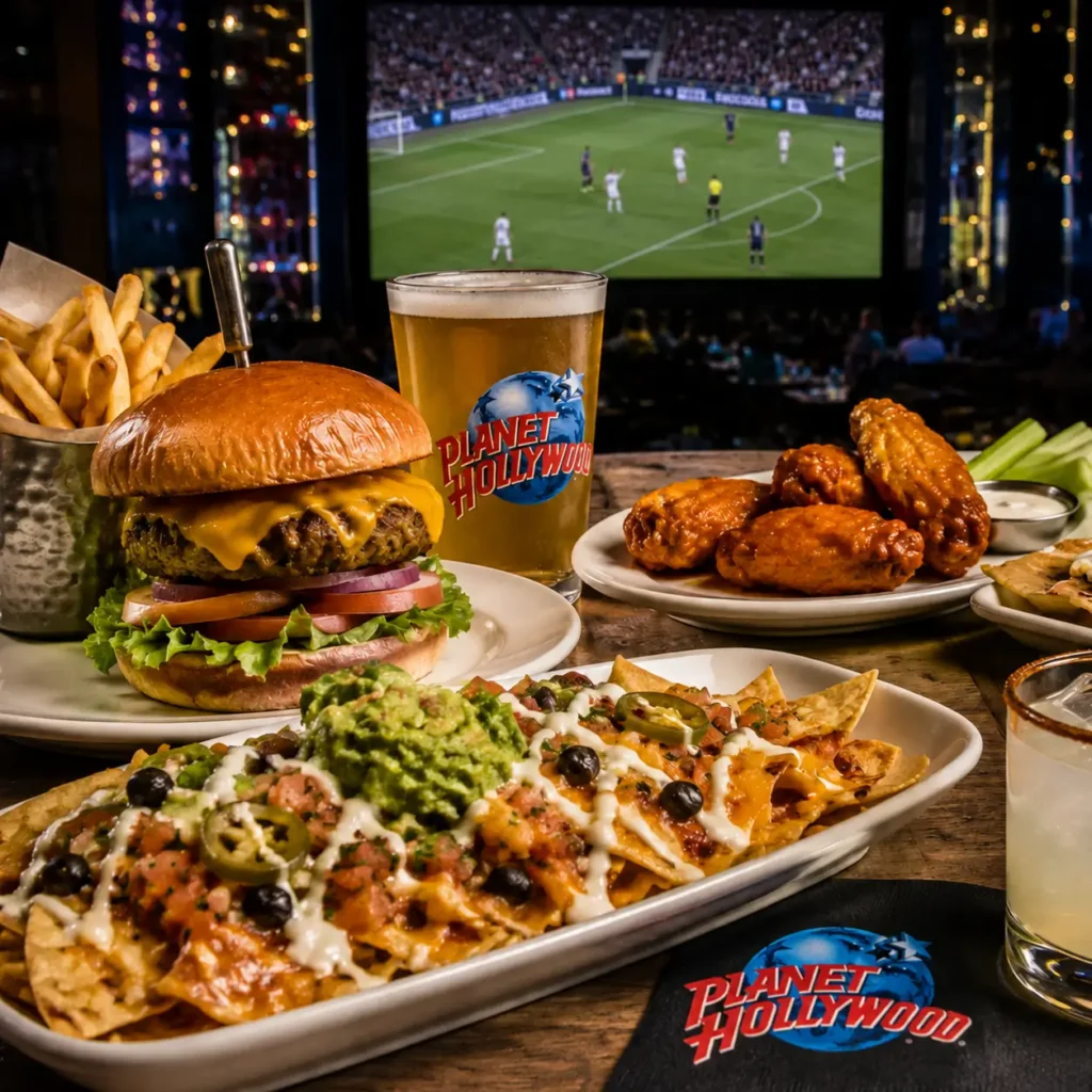 Sports bar spread with burgers, nachos, wings, beer, and a TV showing soccer.