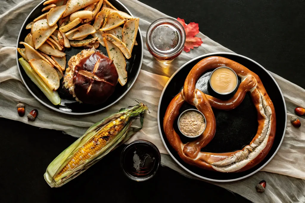 Giant New York pretzel with beer cheese and mustard beside an Oktoberfest burger, potato wedges, grilled corn and seasonal drinks.